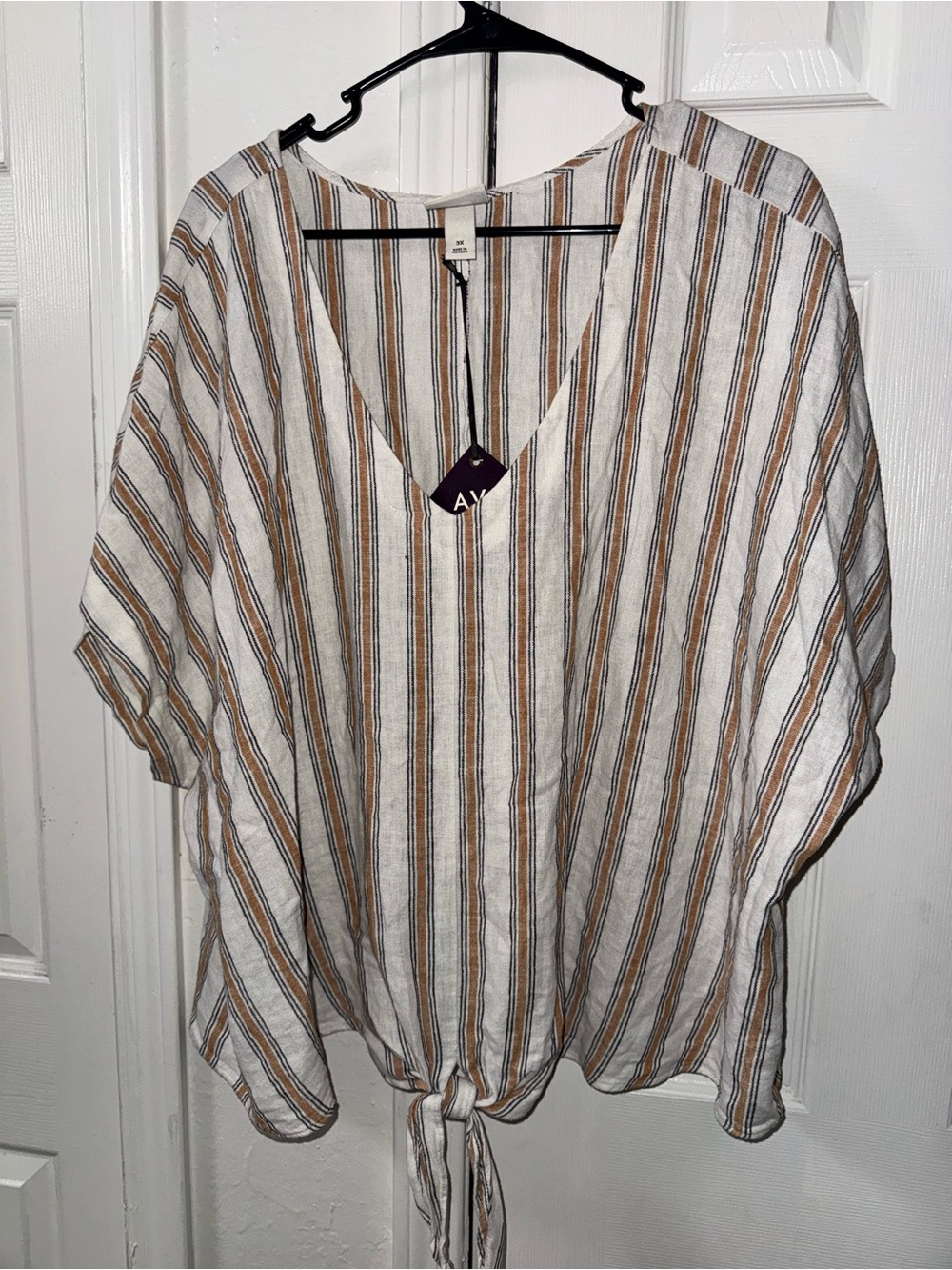 Striped Tie-Front V-Neck Top in White, & Tan